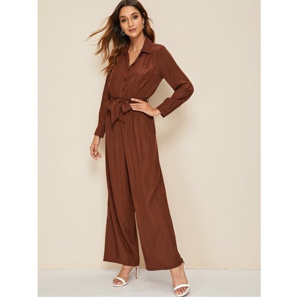 Button Front Belted Wide Leg Shirt Jumpsuit - Picture 4 of 11